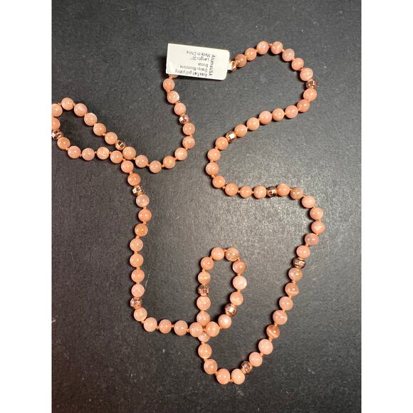 NEW Peach moonstone 30 inch knotted necklace with rose gold over bronze - Picture 1 of 11